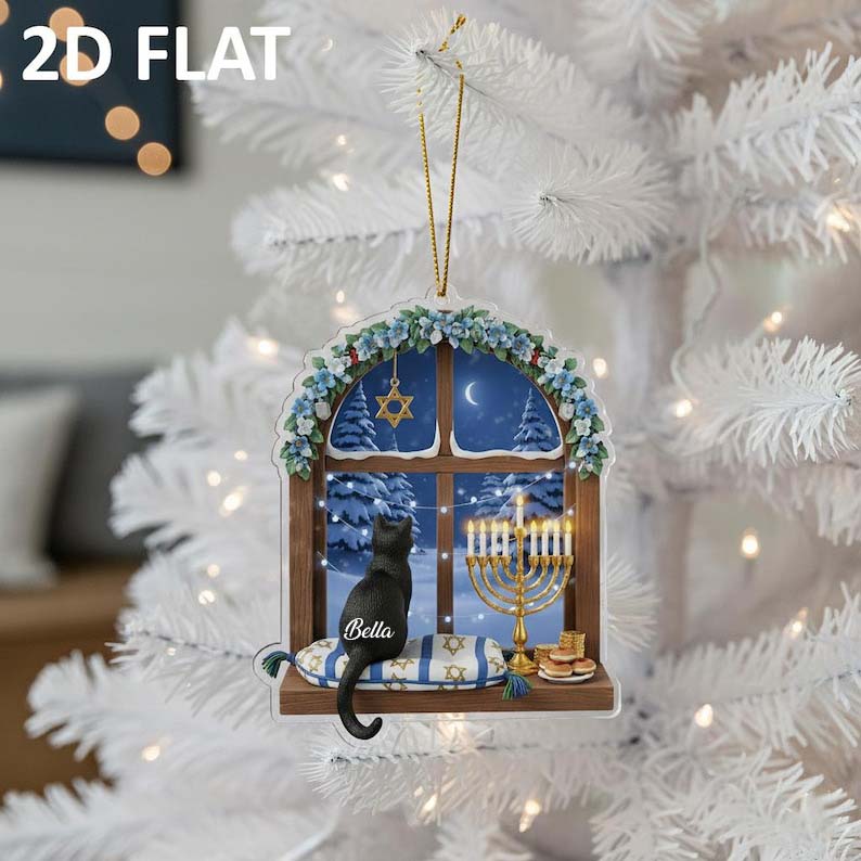 Hanukkah Black Cat 2D FLAT Ornament, Personalized Menorah Window Decor, Jewish Holiday Gift, Cute Cat Lover Hanukkah Decoration