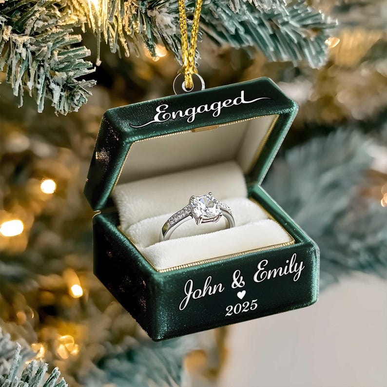 Personalized Engaged Ring Box Acrylic 2D Flat Ornament, Christmas Gifts For New Couple, Just Married Ornament, Wedding Cake Gift