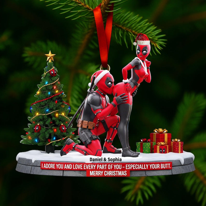 Personalized Funny Red Masked Couple Ornament, I Adore You , Custom Holiday Tree Decoration, Flat 2D Ornament, Merry Grinchmas Gifts