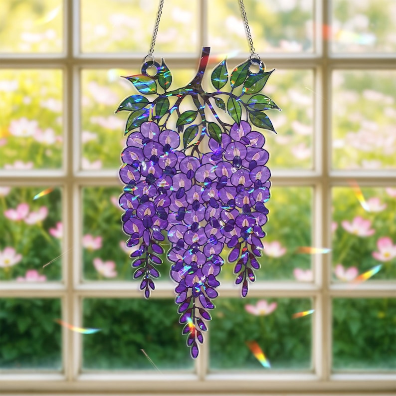 Wisteria Art Acrylic Suncatcher, Elegant Botanical Window Hanging, Light-Reflecting Spring Decor, Perfect Gift for Plant Lovers, for Mom