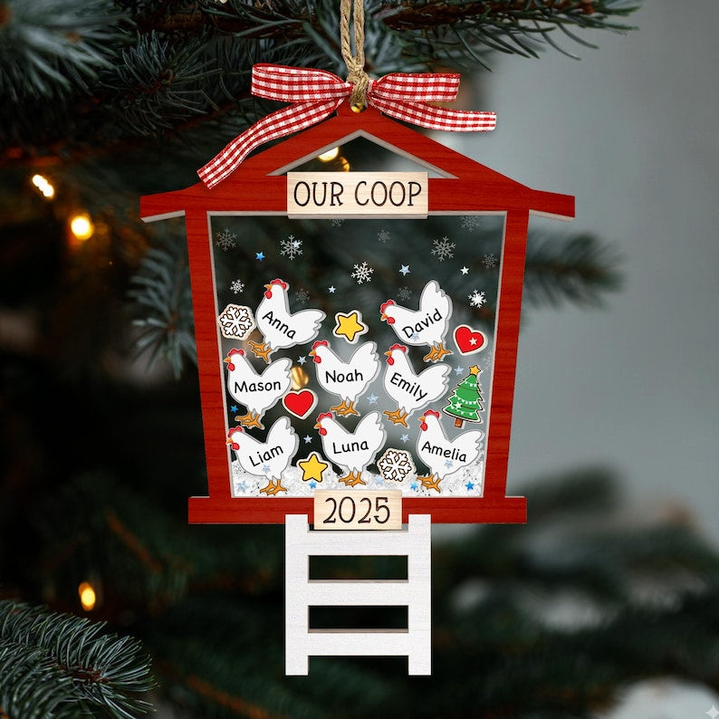 Personalized Chicken Coop Ornament 2025 Custom Family Name Christmas Ornament, Funny Farmhouse Gift for Chicken Lovers