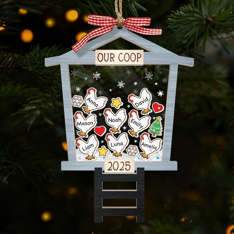 Personalized Chicken Coop Ornament 2025 Custom Family Name Christmas Ornament, Funny Farmhouse Gift for Chicken Lovers