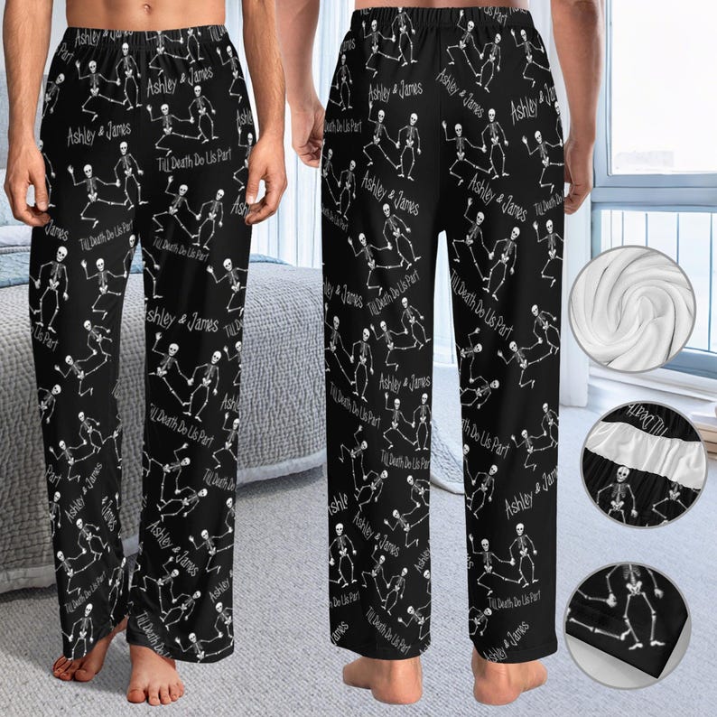 Custom Matching Couple Halloween Pajamas Pant with Names, Personalized Skeleton Pj Bottom, Spooky Halloween Gift for Her Him