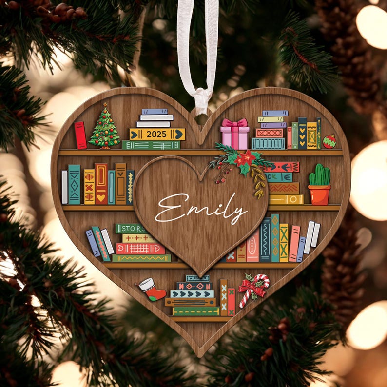 Custom Bookshelf Christmas Ornament, Book Lover Holiday Tree Decoration, Librarian Book Club Gift