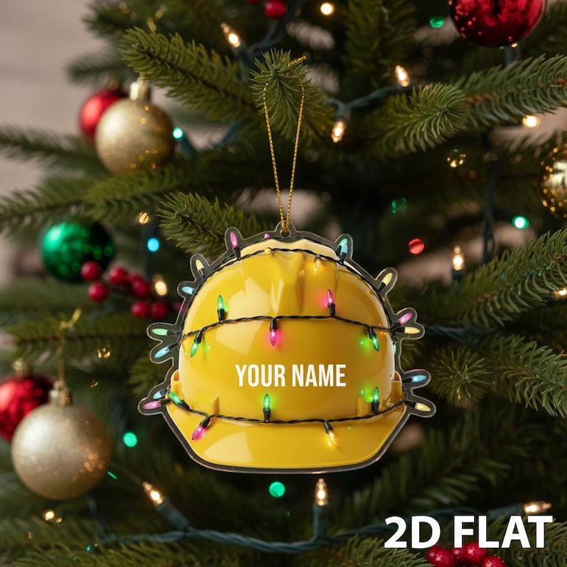 Personalized Hard Hat 2D FLAT Ornament, Custom Name Construction Worker Christmas Decoration, Builder Holiday Gift, Safety Helmet Xmas Decor
