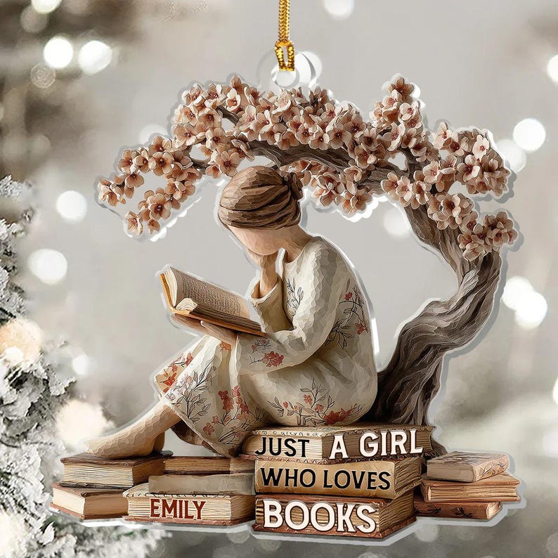 Custom Book Lover Christmas Ornament, Gift For Readers, Reading Girl Keepsake, Bookworm Gift, Library Decor, Literature 2D Flat Ornament