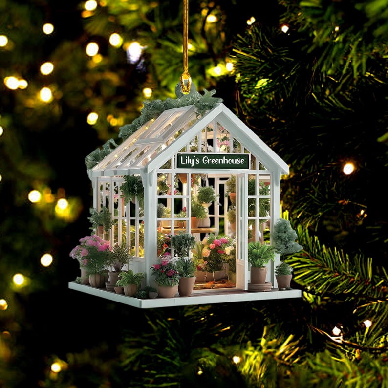 Personalized Name Garden House 2D FLAT Ornament, Custom Name Greenhouse Acrylic Ornament, Plant Ornament Christmas, Gift For Plant Lovers