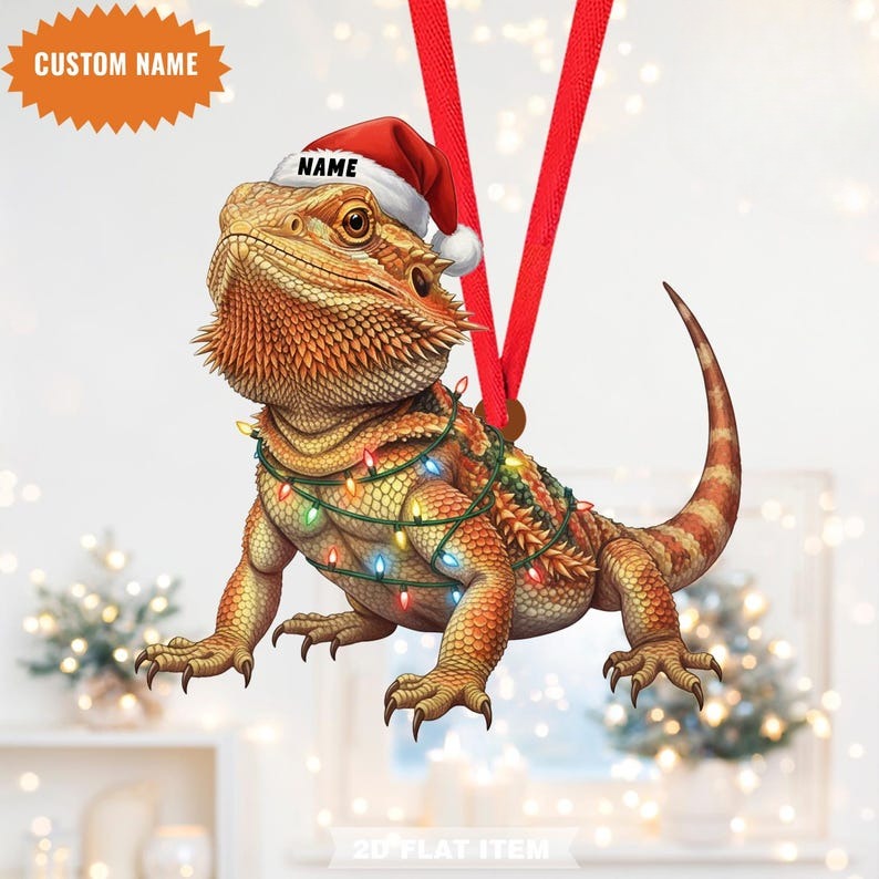 Custom Name Bearded Dragon Christmas Ornament, Flat 2D Ornament, Pet Lover Gift, Bearded Dragon Christmas Gift, Christmas Ornament
