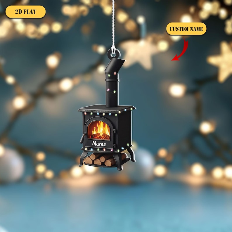 Personalized Wood Stove 2D Flat Ornament, Custom Name Christmas Tree Decor, Cozy Cabin Ornament, Fireplace Gift for Camper or Home Lover