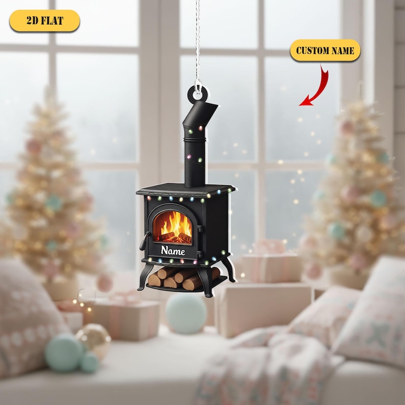 Personalized Wood Stove 2D Flat Ornament, Custom Name Christmas Tree Decor, Cozy Cabin Ornament, Fireplace Gift for Camper or Home Lover