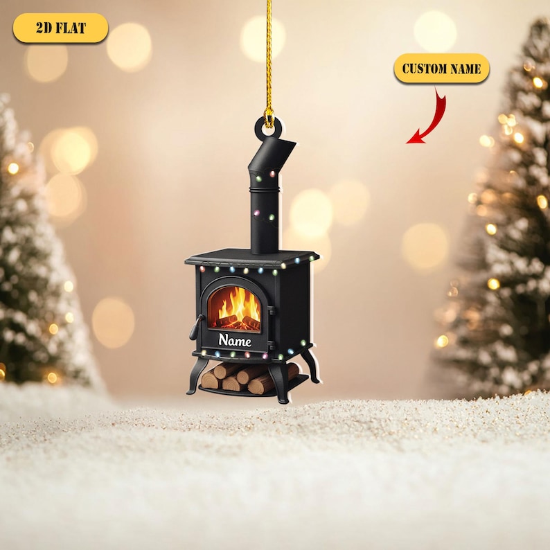 Personalized Wood Stove 2D Flat Ornament, Custom Name Christmas Tree Decor, Cozy Cabin Ornament, Fireplace Gift for Camper or Home Lover