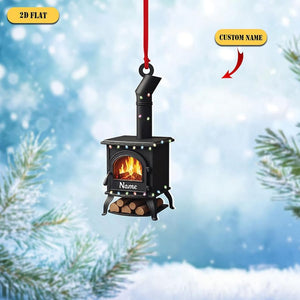 Personalized Wood Stove 2D Flat Ornament, Custom Name Christmas Tree Decor, Cozy Cabin Ornament, Fireplace Gift for Camper or Home Lover
