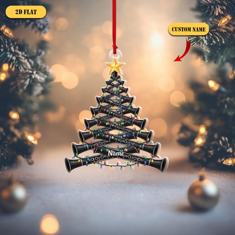 Personalized Clarinet Christmas Tree 2D Flat Ornament, Custom Name Musician Ornament, Gift for Band Player, Clarinetist or Music Teacher