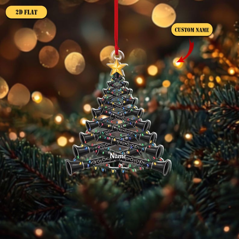 Personalized Clarinet Christmas Tree 2D Flat Ornament, Custom Name Musician Ornament, Gift for Band Player, Clarinetist or Music Teacher