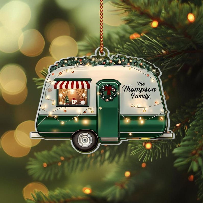 Christmas Camper 2D Flat Ornament, Personalized Family Name Acrylic Keepsake, RV Travel Gift