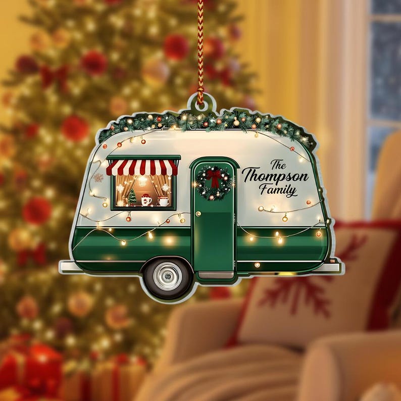 Christmas Camper 2D Flat Ornament, Personalized Family Name Acrylic Keepsake, RV Travel Gift