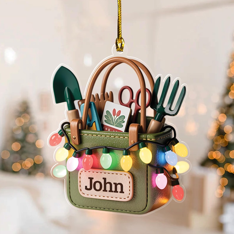 Custom Name Garden Tool Christmas Ornament, Christmas Tree Hanging Decoration, Flat 2D Ornament Acrylic/Wooden, Gardening Lover Gift