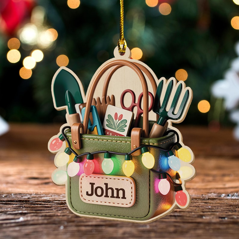 Custom Name Garden Tool Christmas Ornament, Christmas Tree Hanging Decoration, Flat 2D Ornament Acrylic/Wooden, Gardening Lover Gift