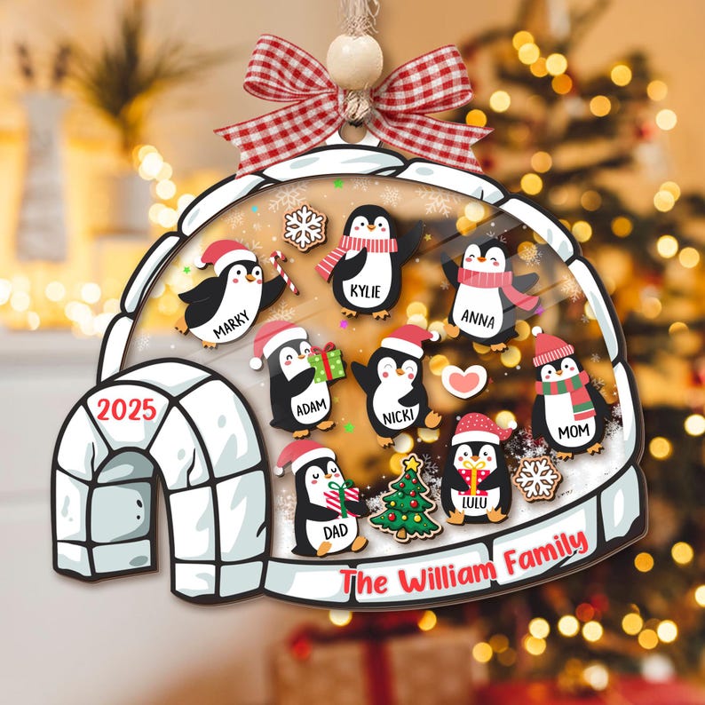 Customize Penguin Family Shaker Ornament, Custom Family Christmas Ornament 2025, Family and Pet Ornament Keepsake, 4D Shaker Ornament
