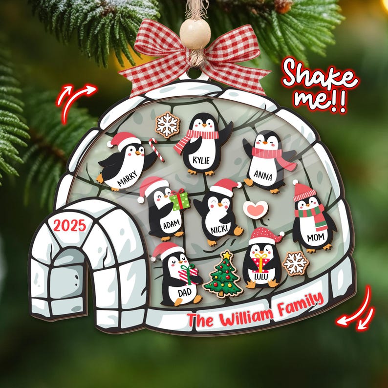 Customize Penguin Family Shaker Ornament, Custom Family Christmas Ornament 2025, Family and Pet Ornament Keepsake, 4D Shaker Ornament