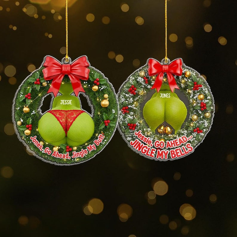 Personalized Green Monster Couple Christmas Ornament, I Adore You, Custom Holiday Tree Decoration, Flat 2D Ornament, Merry Greenmas Gift