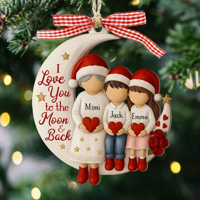Custom Grandma and Grandson Ornament,  Grandkids Gift, Flat 2d I love you to the moon and back Wood ornament, Grandma Christmas keepsake