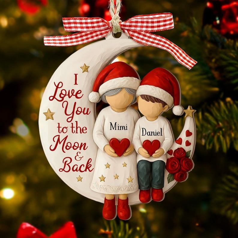 Custom Grandma and Grandson Ornament,  Grandkids Gift, Flat 2d I love you to the moon and back Wood ornament, Grandma Christmas keepsake