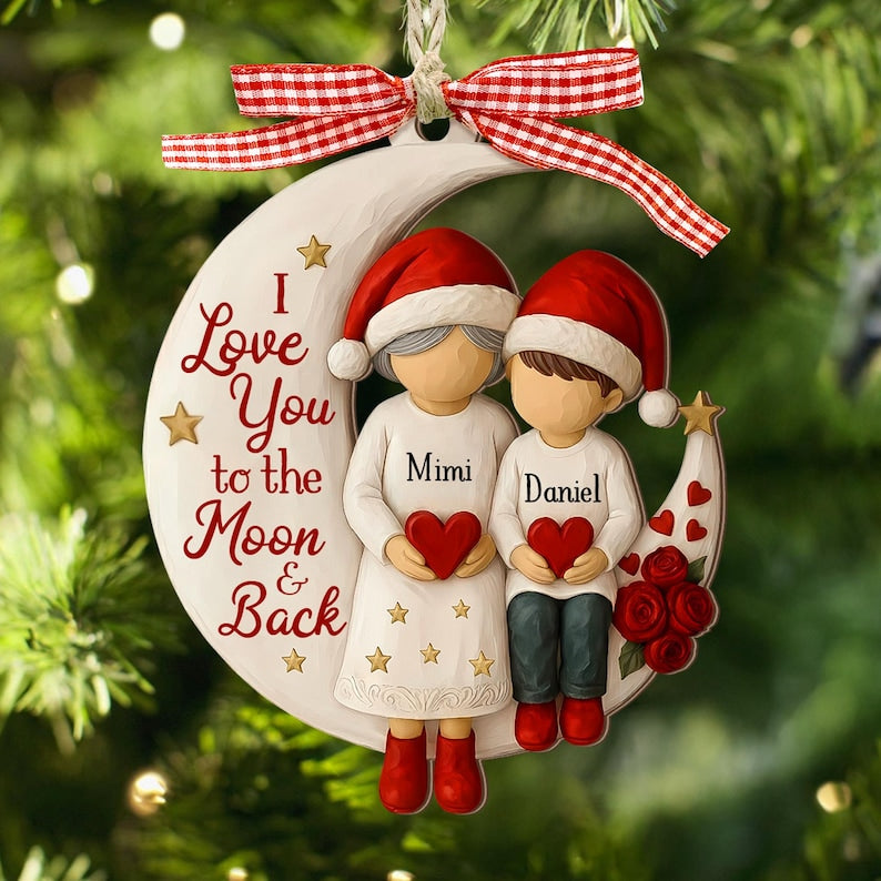 Custom Grandma and Grandson Ornament,  Grandkids Gift, Flat 2d I love you to the moon and back Wood ornament, Grandma Christmas keepsake