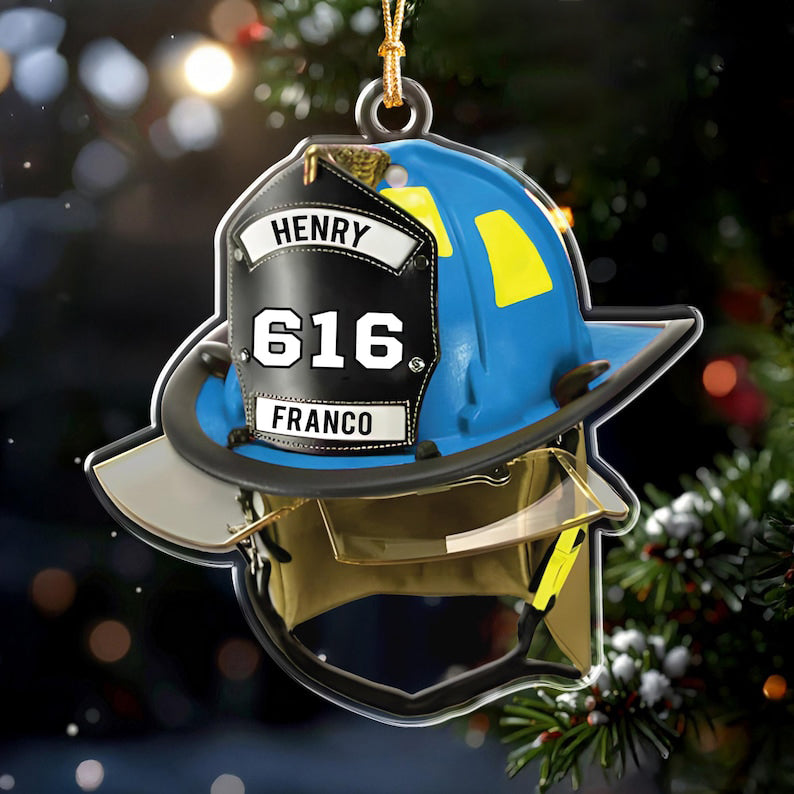 Personalized Firefighter Number & Name Ornament, Firefighter Helmet Decoration for Tree, Gift for Fireman, Gift for First Responder