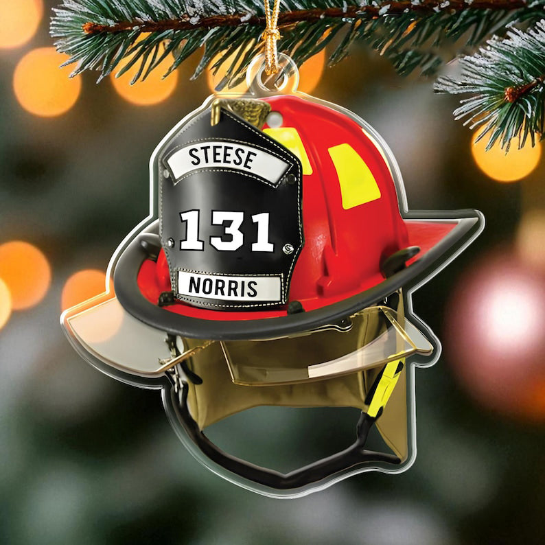 Personalized Firefighter Number & Name Ornament, Firefighter Helmet Decoration for Tree, Gift for Fireman, Gift for First Responder