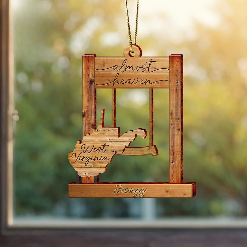 WV Almost Heaven Swing Wooden 2 Layerd Ornament, West Virginia Home Decor, West Virginia Ornament, WV Lover, West Virginia State Ornament