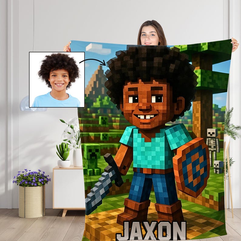 Personalized Pixel-Style Blanket,Custom Face & Name Gamer Blanket, Game Lover Gift for Kids/Boys/Son, Videogames Gift Birthday or Christmas.