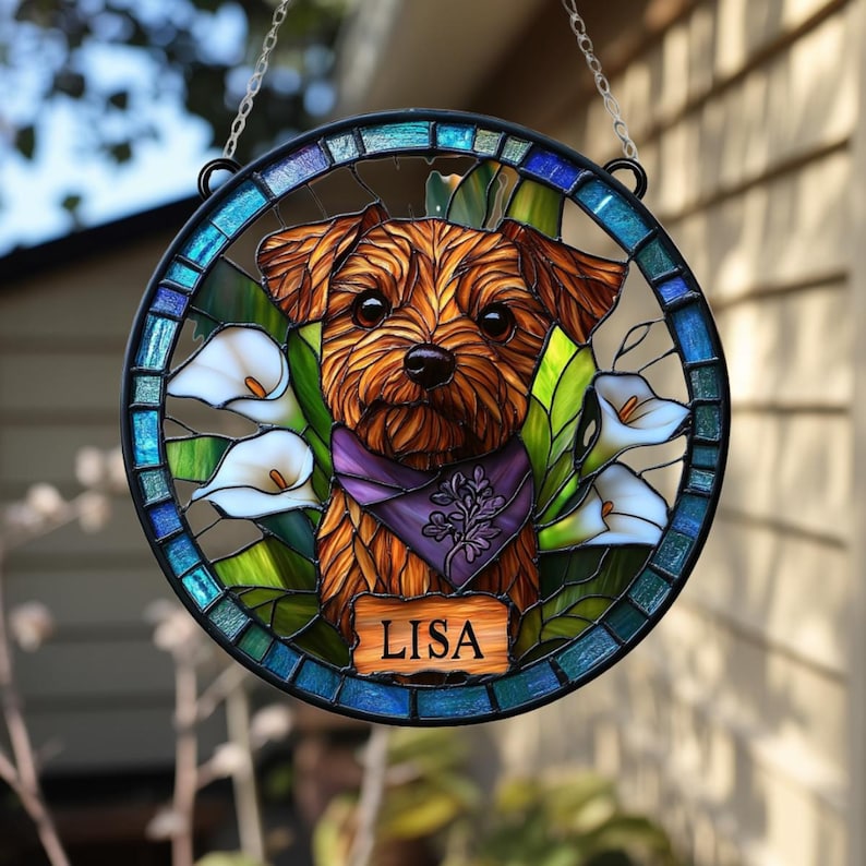 Custom Pet Portrait Stained Glass Suncatcher, Stained Glass Dog Memorial, Custom Dog Portrait from Photo, Pet Memorial Gift, Window hangings