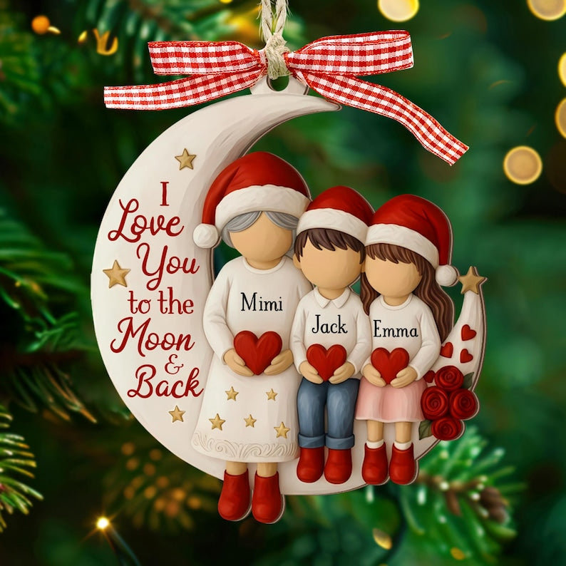 Custom Grandma and Grandson Ornament,  Grandkids Gift, Flat 2d I love you to the moon and back Wood ornament, Grandma Christmas keepsake