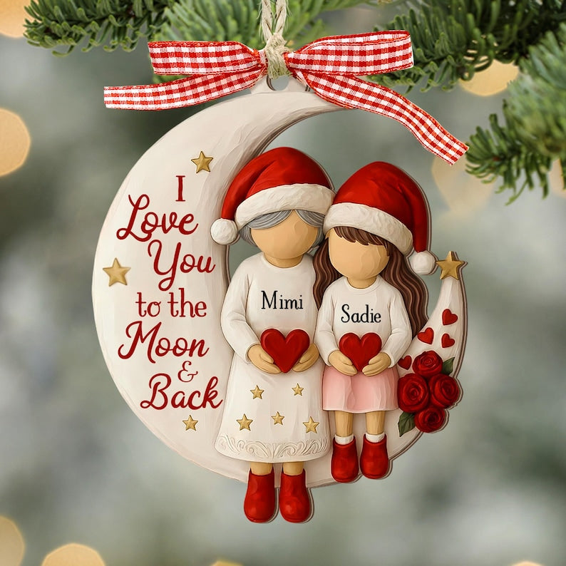 Custom Grandma and Grandson Ornament,  Grandkids Gift, Flat 2d I love you to the moon and back Wood ornament, Grandma Christmas keepsake
