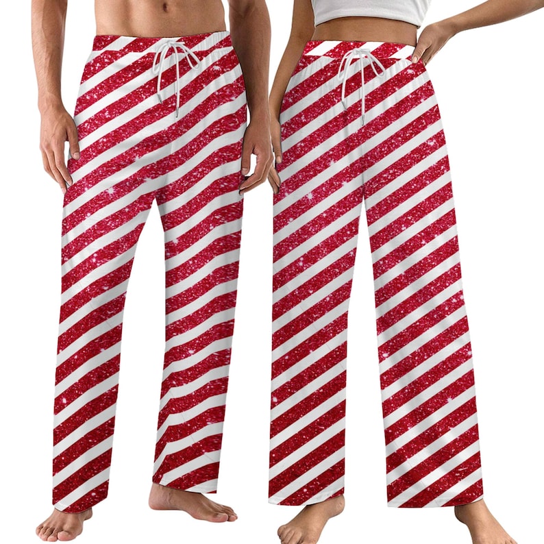Christmas Candy Cane Fleece Pajama Pants: Holiday Lounge Sleepwear, Xmas Wide Leg Bottoms