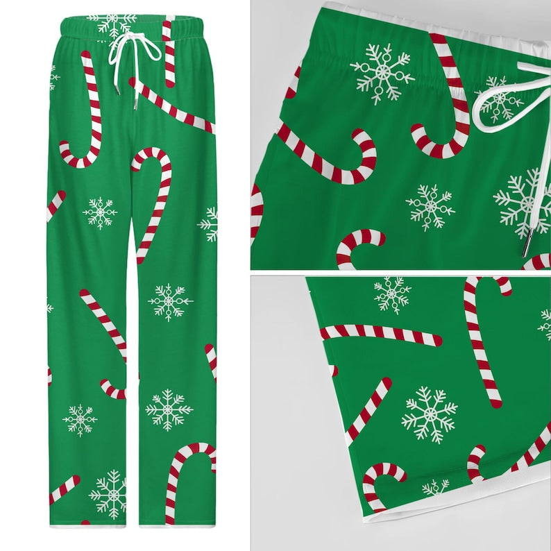 Christmas Candy Cane Fleece Pajama Pants: Holiday Lounge Sleepwear, Xmas Wide Leg Bottoms
