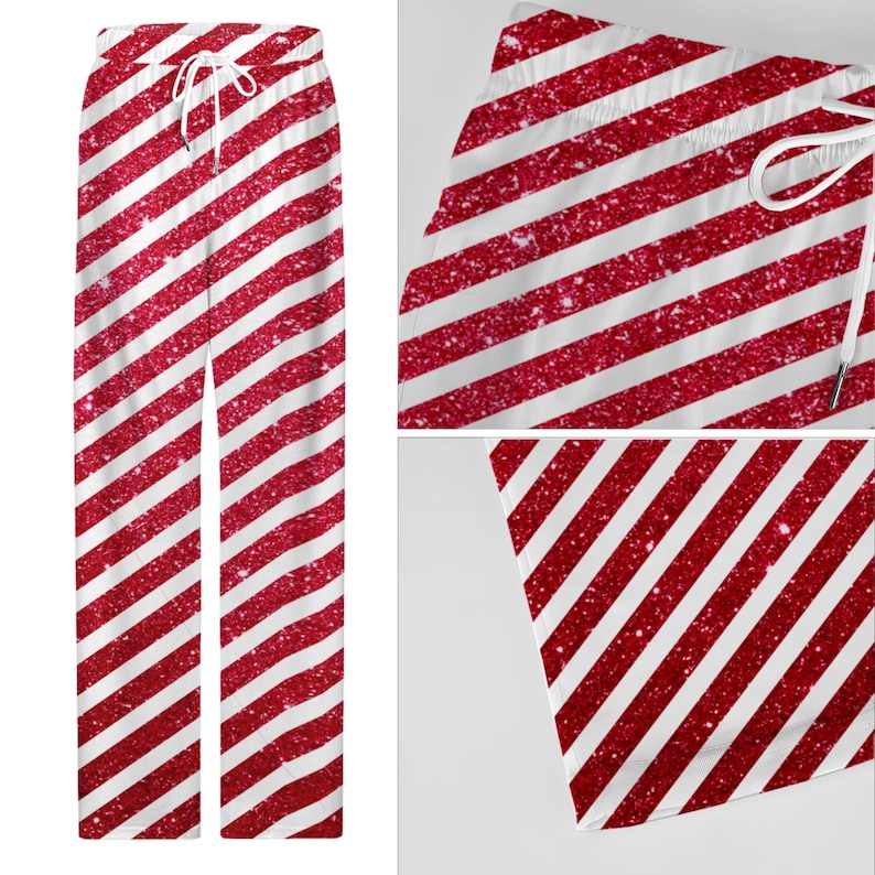 Christmas Candy Cane Fleece Pajama Pants: Holiday Lounge Sleepwear, Xmas Wide Leg Bottoms