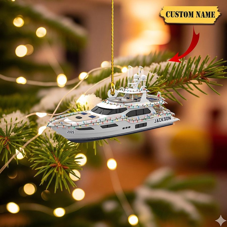 Personalized Yacht Ornament 2025 – Custom Name Flat Acrylic Boat Christmas Tree Decoration, Unique Holiday Gift for Sailing & Ocean Lovers