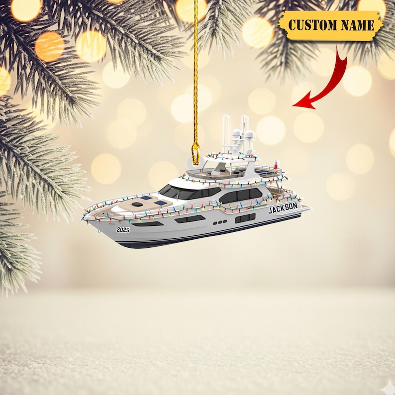 Personalized Yacht Ornament 2025 – Custom Name Flat Acrylic Boat Christmas Tree Decoration, Unique Holiday Gift for Sailing & Ocean Lovers