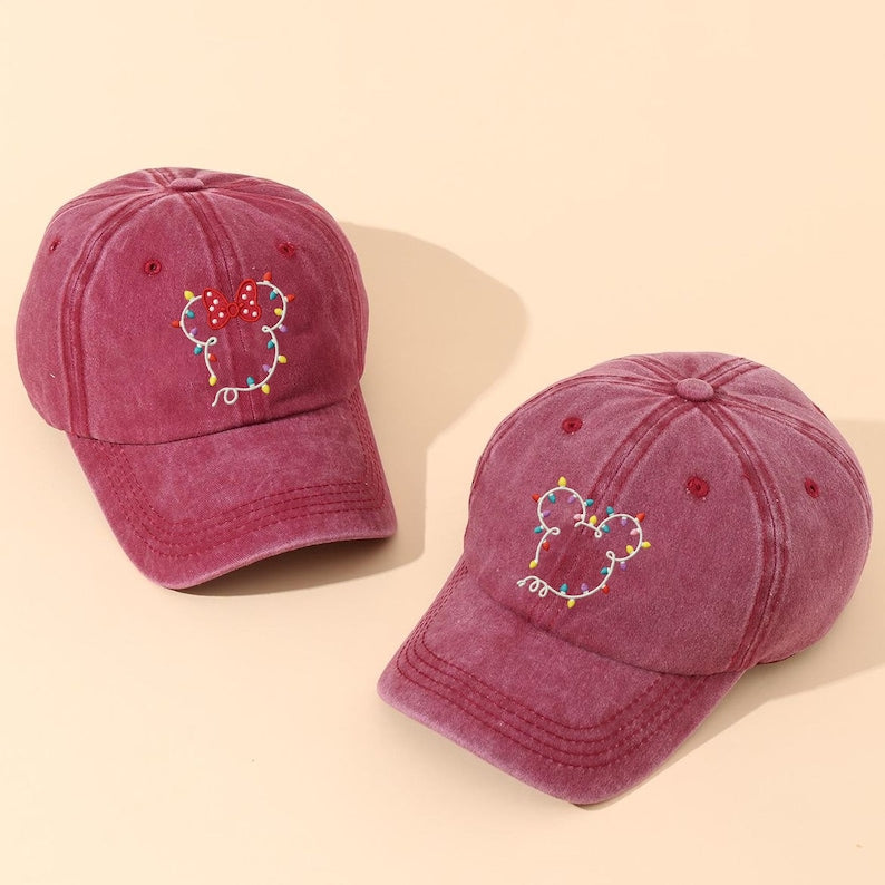 Embroidered Mickey & Minnie Christmas Lights Hat, Cute Disney Couple Baseball Cap, Minnie Bow Mickey Ears Embroidery Dad Hat Gift