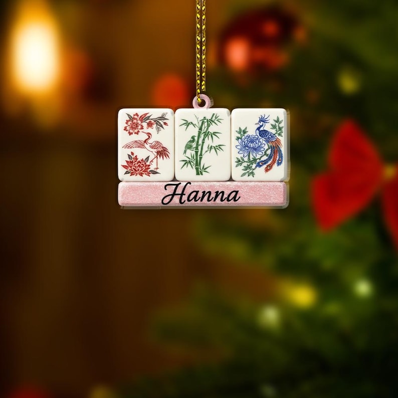 Custom Mahjong Tile Ornament with Name Personalized Bamboo and Bird Design Keepsake