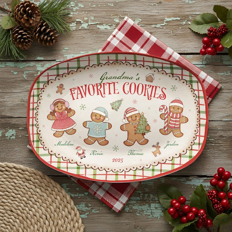 Custom Grandma's Favorite Cookies Plate, Personalized Gingerbread Christmas Plate, Grandkids Names, Grandma Gift, Christmas Gifts