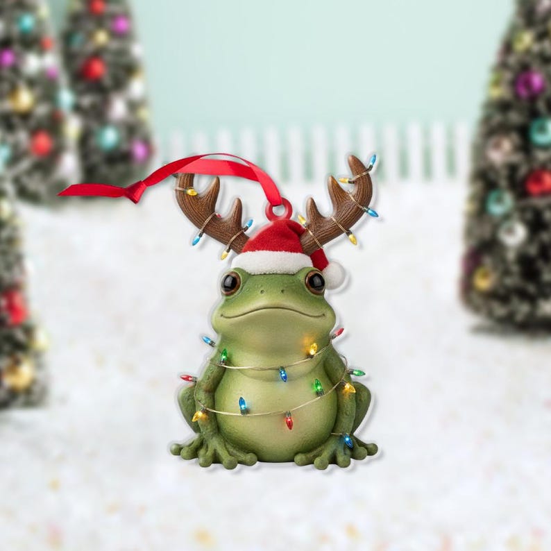 Frog Christmas Ornament Holiday Tree Decoration with Reindeer Antlers and Santa Hat