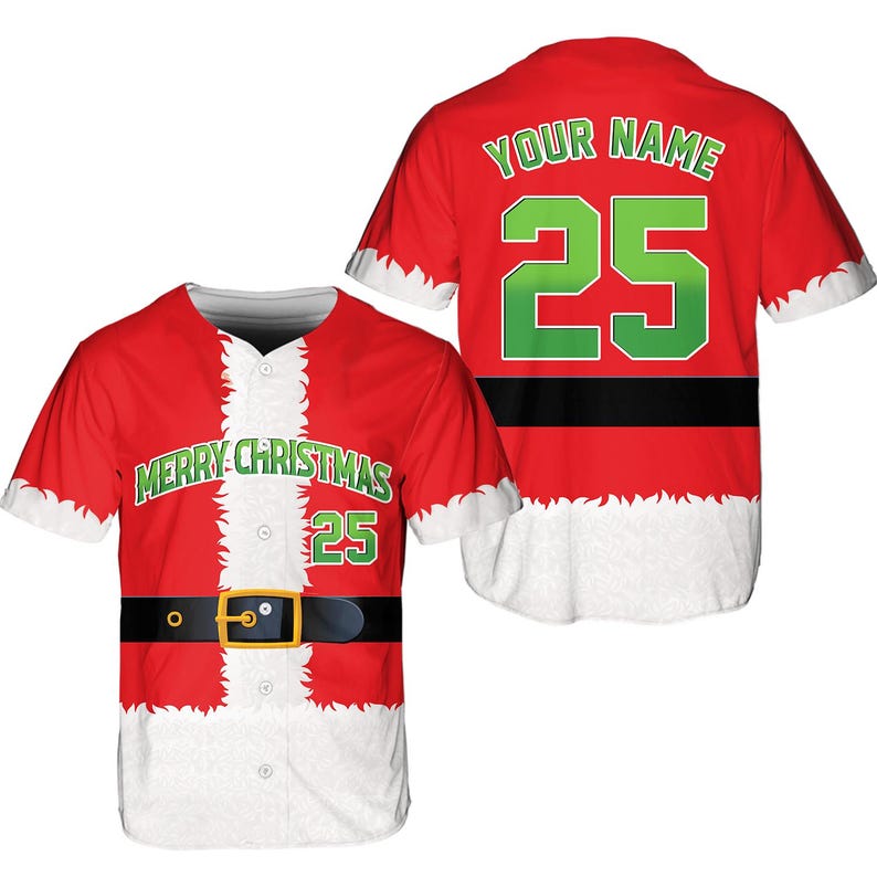 Personalized Christmas Baseball Jersey Adult Kid Youth, Custom Name Number Holiday Jersey, Funny Xmas Gift Team Uniform Santa Costume