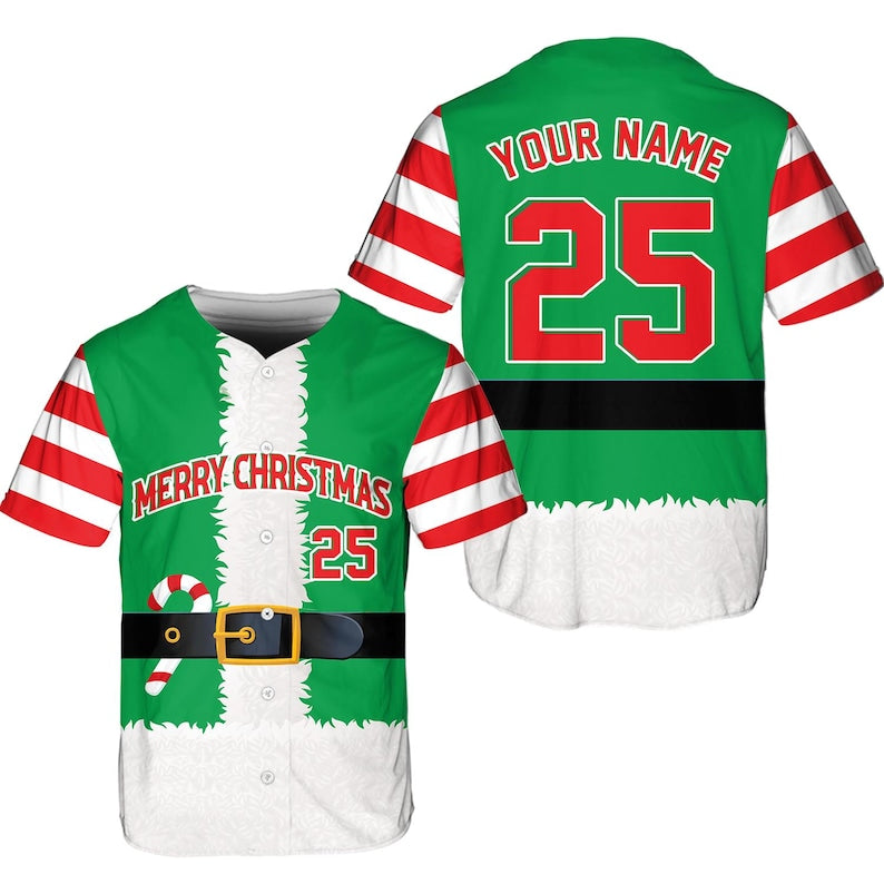Personalized Christmas Baseball Jersey Adult Kid Youth, Custom Name Number Holiday Jersey, Funny Xmas Gift Team Uniform Santa Costume