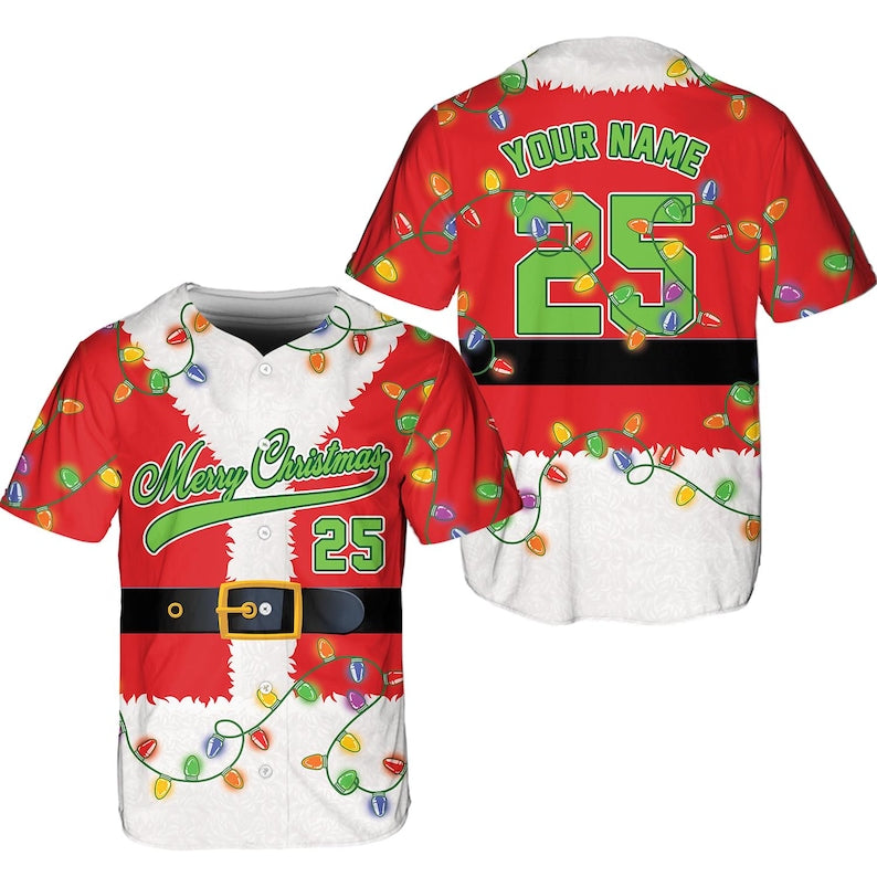 Personalized Christmas Baseball Jersey Adult Kid Youth, Custom Name Number Holiday Jersey, Funny Xmas Gift Team Uniform Santa Costume