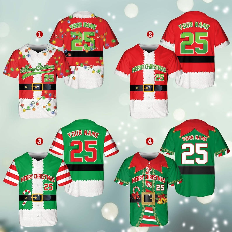 Personalized Christmas Baseball Jersey Adult Kid Youth, Custom Name Number Holiday Jersey, Funny Xmas Gift Team Uniform Santa Costume
