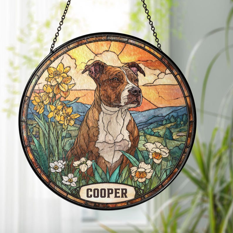Custom Pet Portrait Stained Glass Suncatcher, Stained Glass Dog Memorial, Custom Dog Portrait from Photo, Pet Memorial Gift, Window hangings