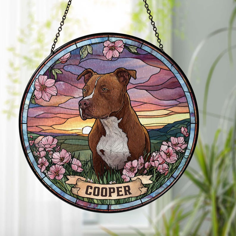 Custom Pet Portrait Stained Glass Suncatcher, Stained Glass Dog Memorial, Custom Dog Portrait from Photo, Pet Memorial Gift, Window hangings